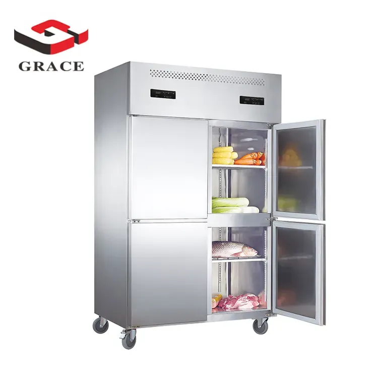 Nouvelle version en acier inoxydable à 4 portes verticale verticale commerciale réfrigérateur à double température refroidi par air congélateur poignée - Stand - foodmachtech