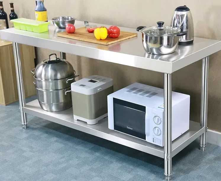 Grace Hotel Restaurant Equipo de cocina personalizado Mesa de trabajo de acero inoxidable fuerte Mesa de operaciones de tres capas - Ponerse de pie - foodmachtech
