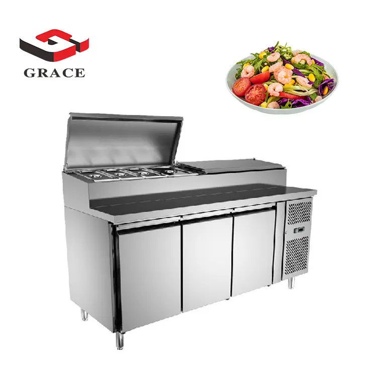 Ориентированная на заказчика реклама Рефригератед счетчик салат-бара отличая дисплеем нержавеющей стали & верхней частью саладетте