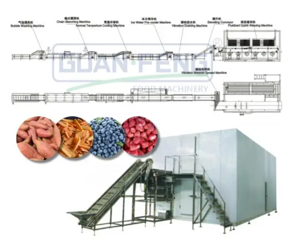 Linha de processamento congelada automática IQF Vegetable Fruit Seafood Meat Freezer 4000 KG/H Congelamento de alta velocidade para camarão