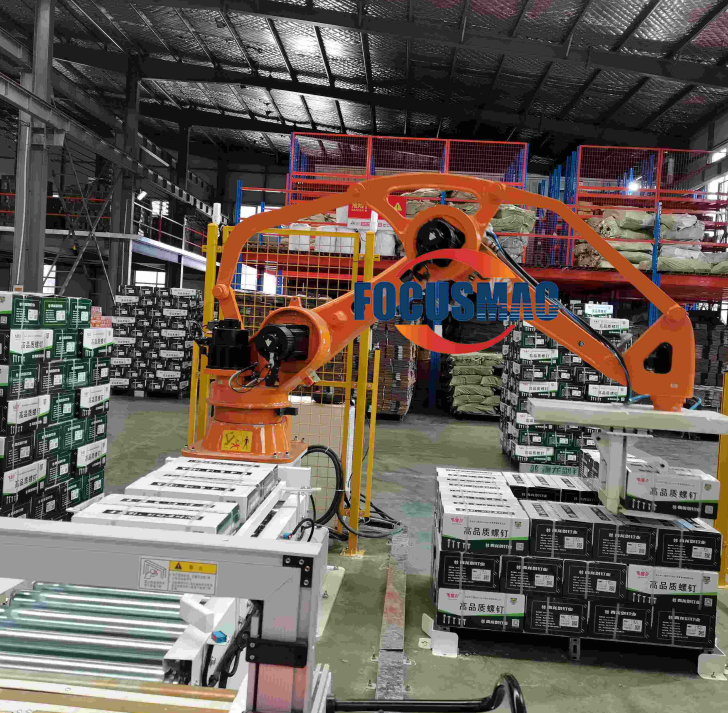 Máquina flejadora de sellado de cartón para embalaje de cajas Focus Machinery Full Automatic Heavy-Duty Robot Arm Palletizer