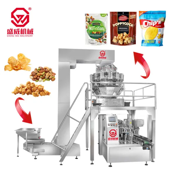 Custom Automatic Rotary Doypack Premade Stand up Pouch Bag Nitrogen Popcorn Potato Chips Pre-Made Pouch Nuts Packing Machine