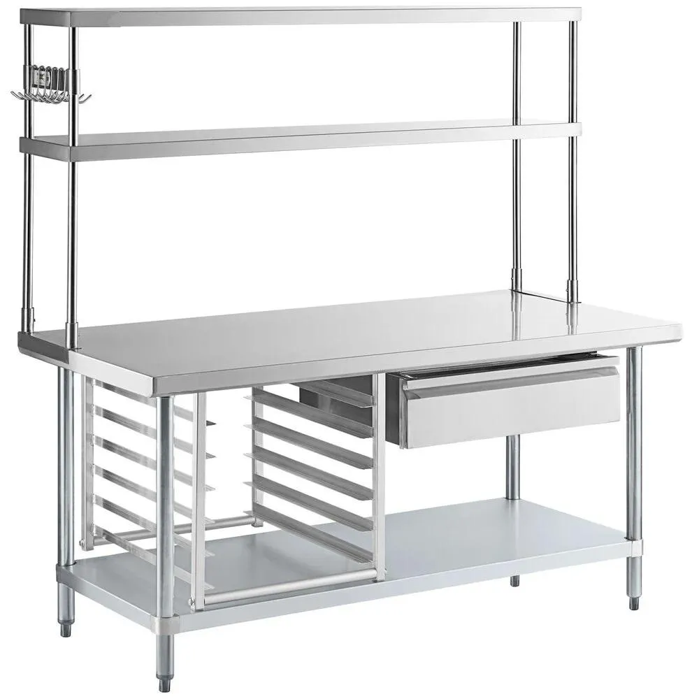 Mesa De Trabalho De Padaria De Restaurante Comercial Mesa De Prep De Aço Inoxidável Com Double Overshelf - Carrinho cozinha - foodmachtech