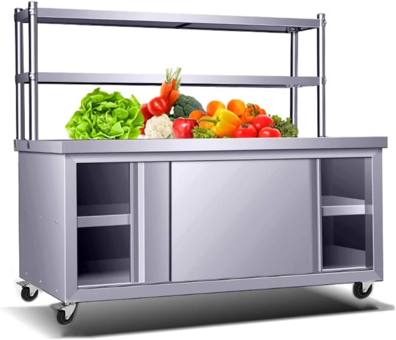 Aço inoxidável trabalhando gabinete portas deslizantes com prateleiras de armazenamento Top