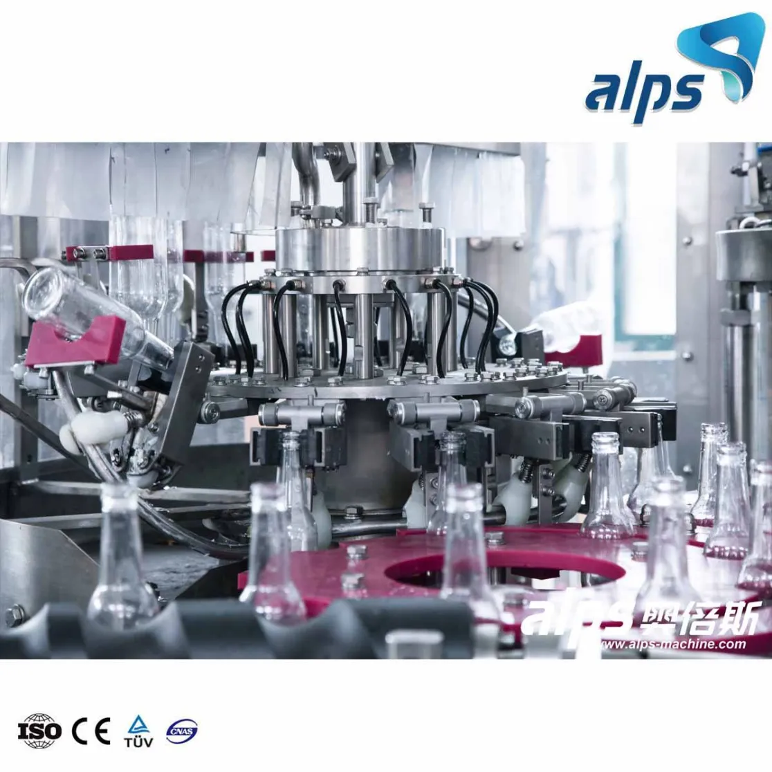Botella de vidrio de plástico líquido completamente automático espumoso fruta vino tinto monoblock llenado y taponado línea de producción de la máquina - Línea de producción de bebidas - foodmachtech