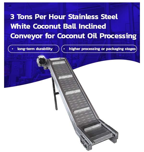 High Quality 3 Tons Per Hour Stainless Steel White Coconut Ball Inclined Conveyor for Coconut Oil Processing
