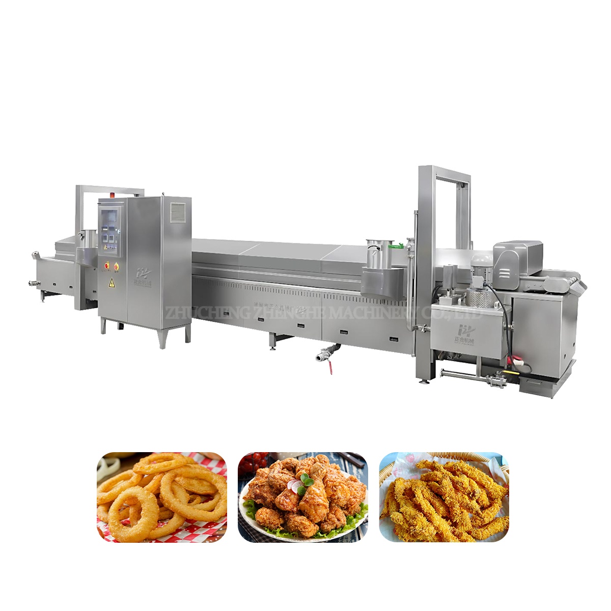 สายการผลิตทอดสแตนเลสสำหรับทอดเนื้อปลาและมันฝรั่งพร้อมระบบควบคุมอุณหภูมิอิสระ