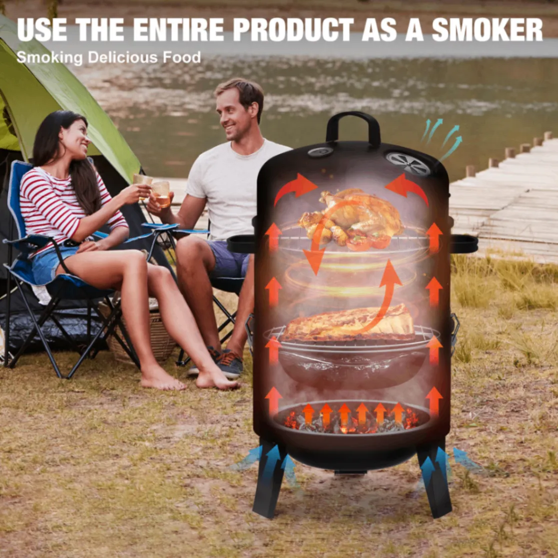 Haute Qualité Jardin En Plein Air En Acier Noir Enduit De Poudre De Charbon De 18 Pouces Fumeur Barbecue - Fumer Four - foodmachtech
