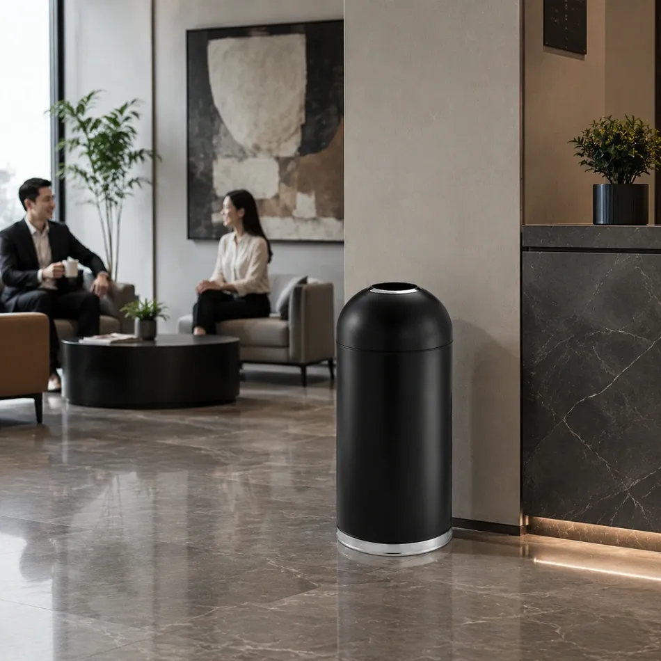 Bocca rotonda aperta Cestino nero | Cestino per spazzatura commerciale per ufficio, hall dell'hotel, con design a sacco nascosto - Utensili da cucina - foodmachtech