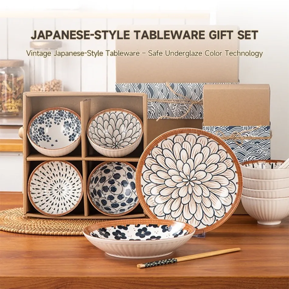 Juego de regalo de tazón y plato de cerámica de estilo japonés | 4 cuencos 4 cucharas 4 pares de palillos 2 platos - Vajilla - foodmachtech