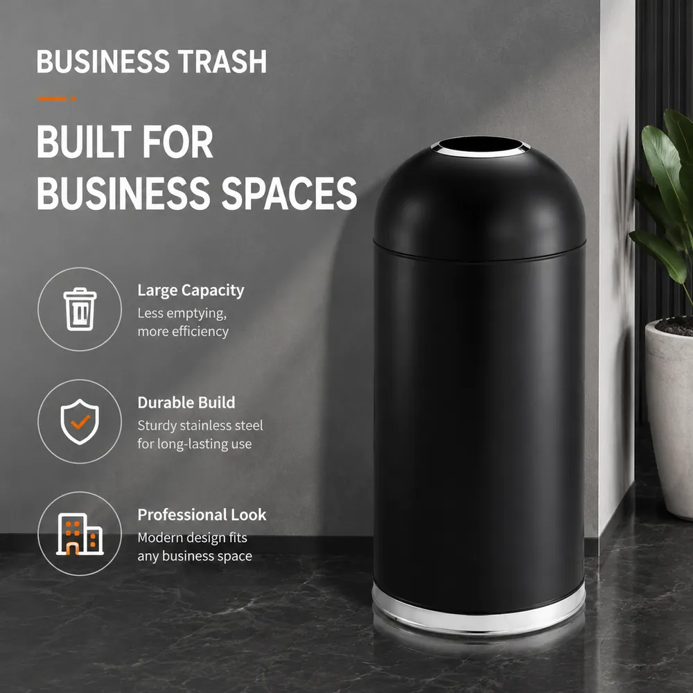 Bocca rotonda aperta Cestino nero | Cestino per spazzatura commerciale per ufficio, hall dell'hotel, con design a sacco nascosto - Utensili da cucina - foodmachtech