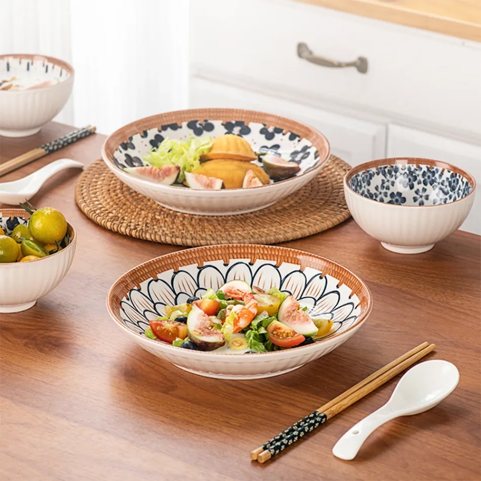 Juego de regalo de tazón y plato de cerámica de estilo japonés | 4 cuencos 4 cucharas 4 pares de palillos 2 platos - Vajilla - foodmachtech