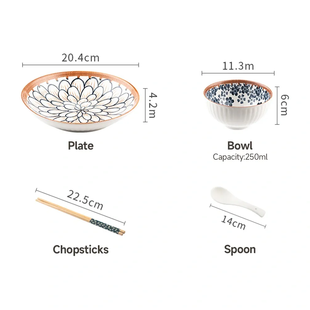 Juego de regalo de tazón y plato de cerámica de estilo japonés | 4 cuencos 4 cucharas 4 pares de palillos 2 platos - Vajilla - foodmachtech