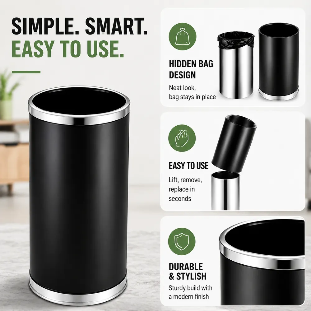 Bocca rotonda aperta Cestino nero | Cestino per spazzatura commerciale per ufficio, hall dell'hotel, con design a sacco nascosto - Utensili da cucina - foodmachtech