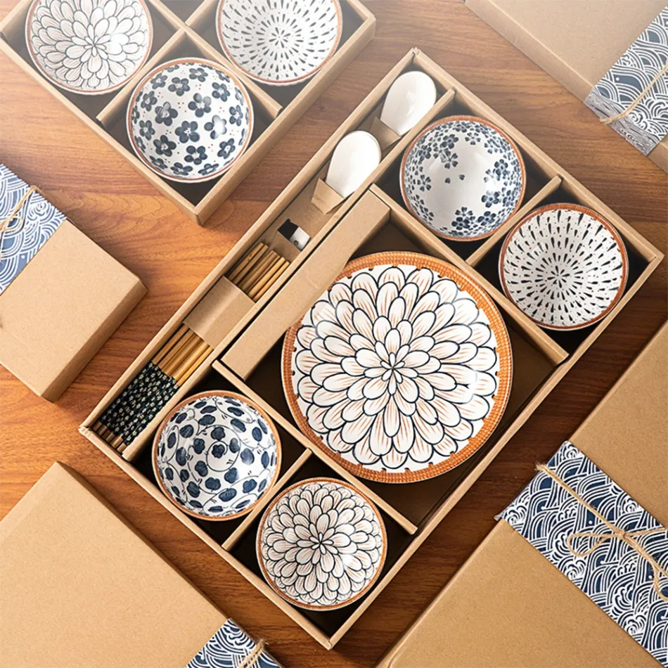 Juego de regalo de tazón y plato de cerámica de estilo japonés | 4 cuencos 4 cucharas 4 pares de palillos 2 platos - Vajilla - foodmachtech