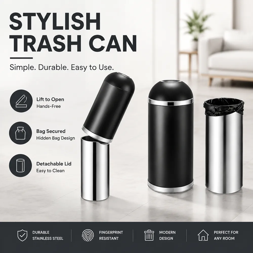 Bocca rotonda aperta Cestino nero | Cestino per spazzatura commerciale per ufficio, hall dell'hotel, con design a sacco nascosto - Utensili da cucina - foodmachtech