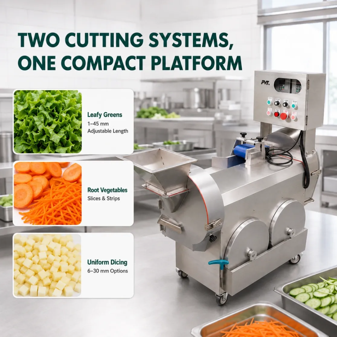 Cortador de verduras multifunción eficiente de 1.5kW, rebanadas, tiras y cortes listos para escalar - Cortador de verduras - foodmachtech