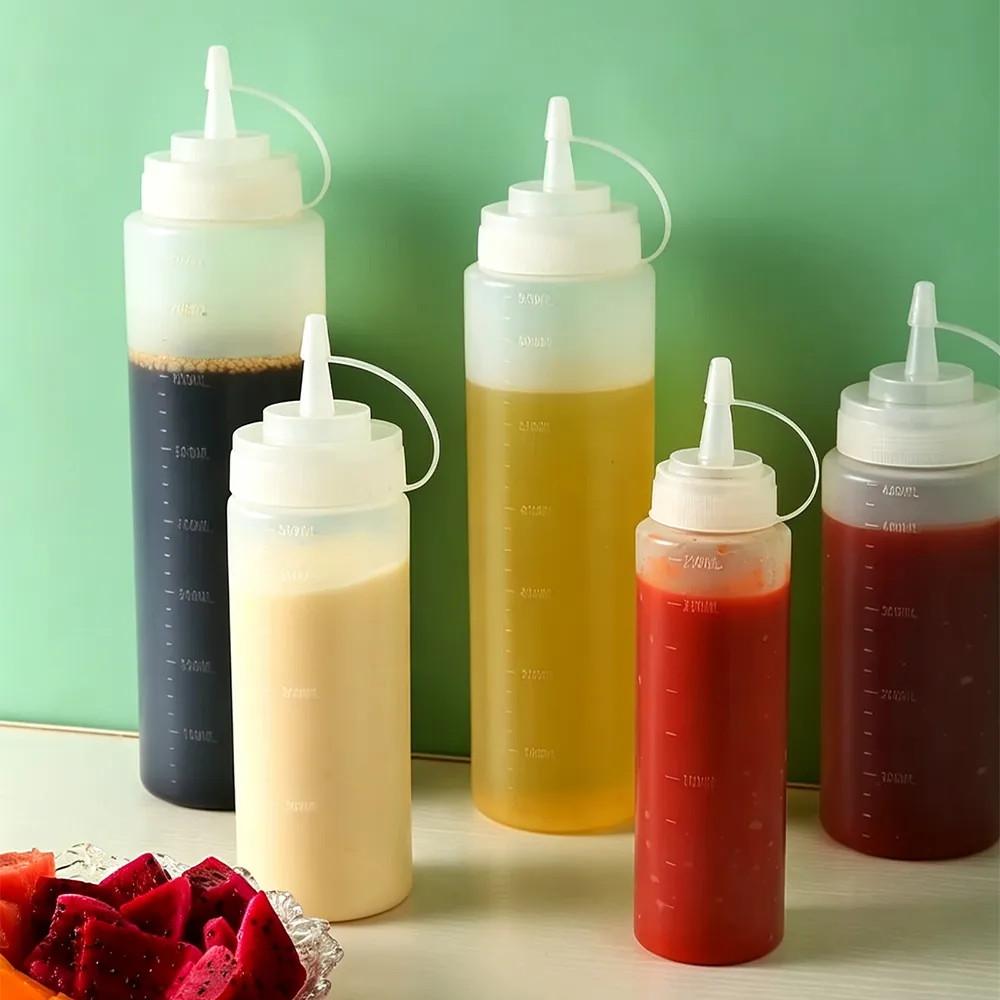 Bottiglie di spremitura per condimento con cappucci a prova di perdita, perfette per la conservazione di olio, miele, condimenti per insalata - Stoviglie - foodmachtech
