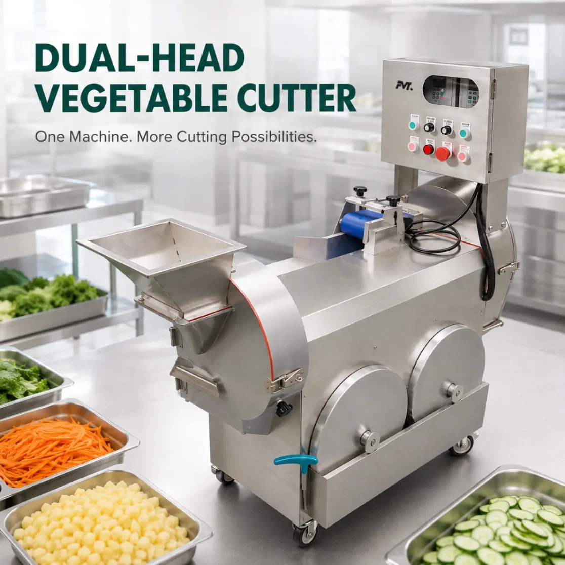 Cortador de verduras multifunción eficiente de 1.5kW, rebanadas, tiras y cortes listos para escalar - Cortador de verduras - foodmachtech