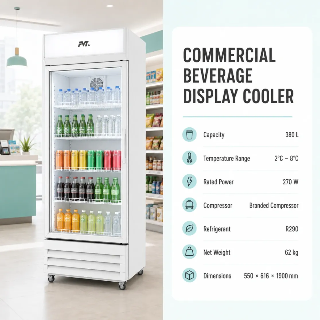 Refrigerador comercial de la exhibición de la bebida de la Solo-puerta-vidrio claro, enfriamiento confiable - Caso de exhibición - foodmachtech