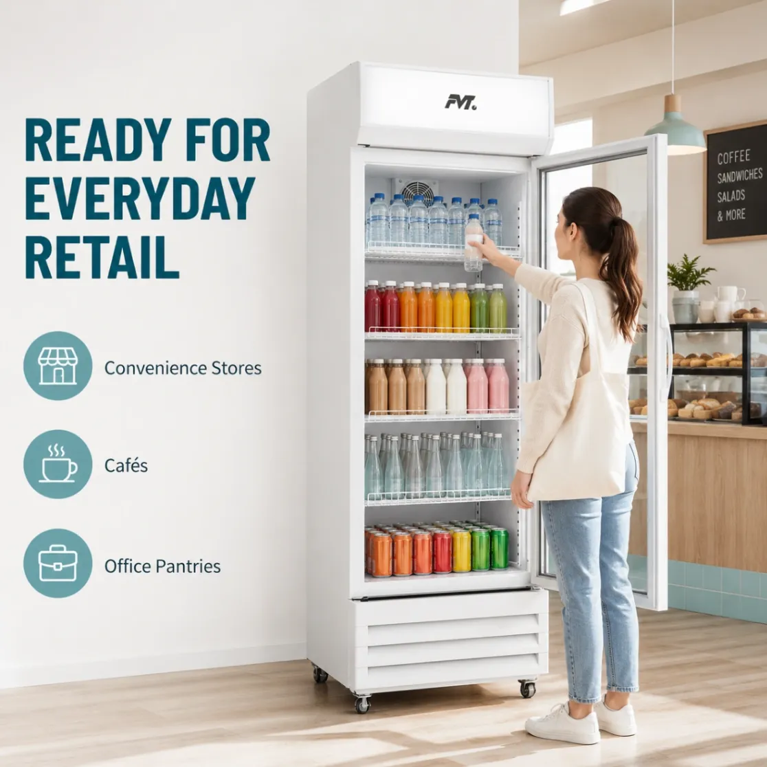 Refrigerador comercial de la exhibición de la bebida de la Solo-puerta-vidrio claro, enfriamiento confiable - Caso de exhibición - foodmachtech