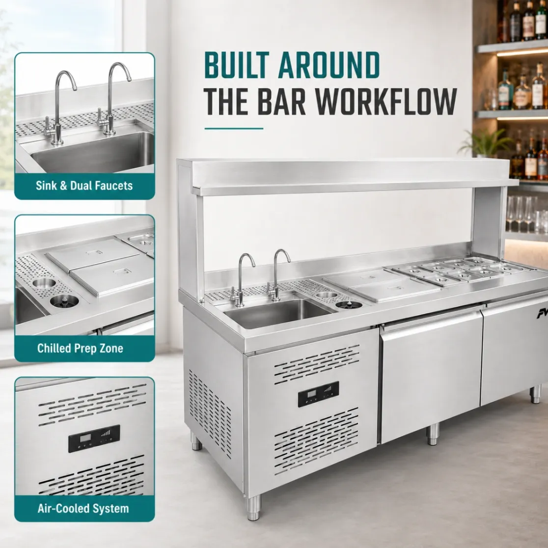 Estación de trabajo refrigerada profesional de la bebida, preparación toda junto de la bebida del acero inoxidable y contador de la exhibición - Caso de exhibición - foodmachtech