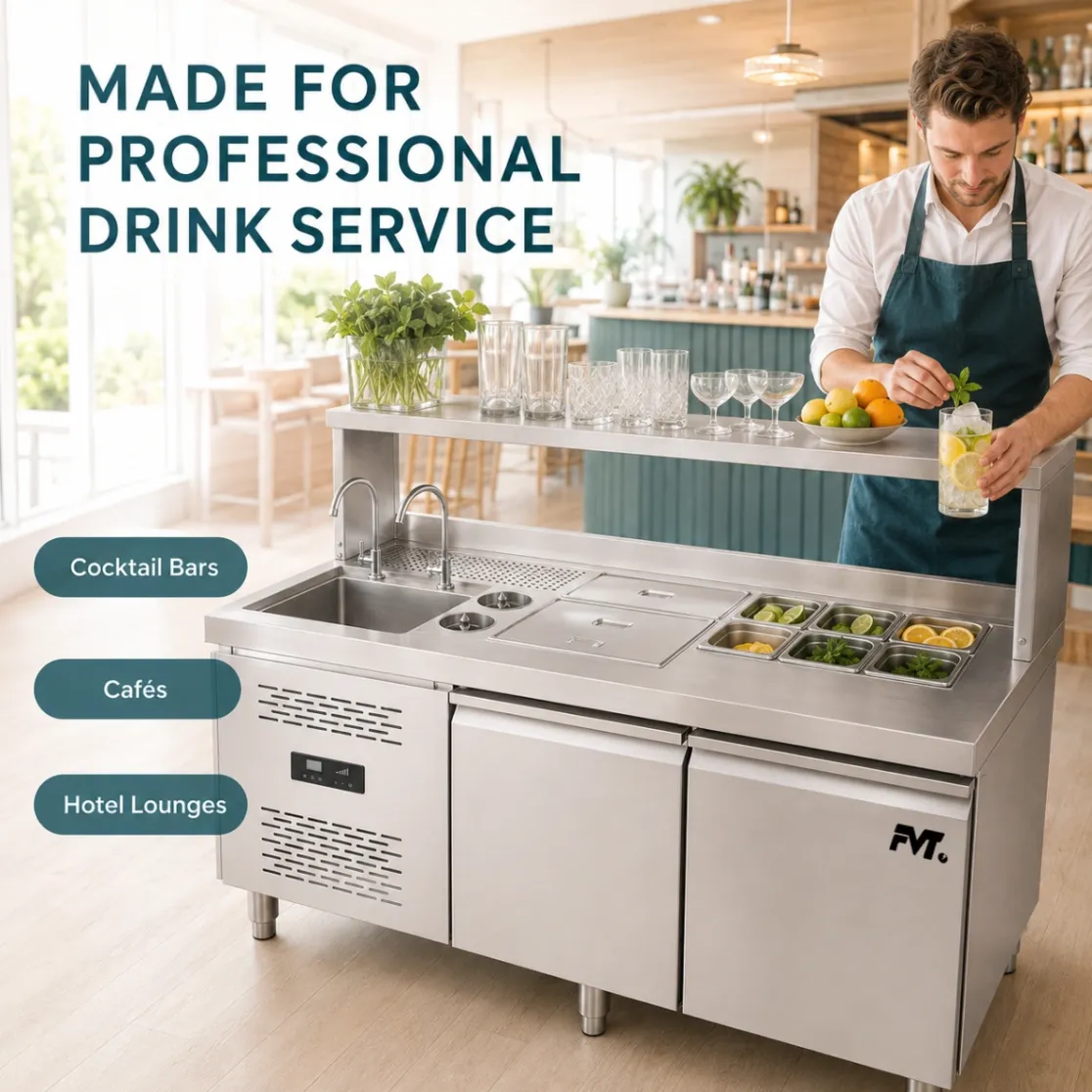 Estación de trabajo refrigerada profesional de la bebida, preparación toda junto de la bebida del acero inoxidable y contador de la exhibición - Caso de exhibición - foodmachtech