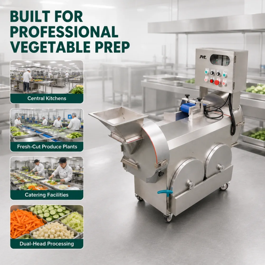 Machine de coupeur de légumes de double tête commerciale, machine de découpage en tranches multifonctionnelle de déchiquetage pour les légumes à feuilles et racines - Coupe-légumes - foodmachtech