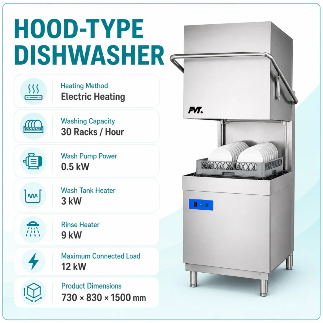 Single-Pump Hood-Type lavaplatos comercial, 30 estantes calentados eléctricos/hora - Lavavajillas - foodmachtech