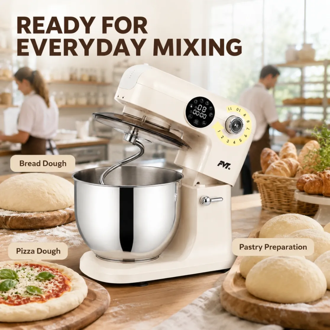 Stand Mixer Dough Kneader, 1.5kW Electric Chef Mixer with 304 Stainless Steel Bowl - Pulping Machine - foodmachtech