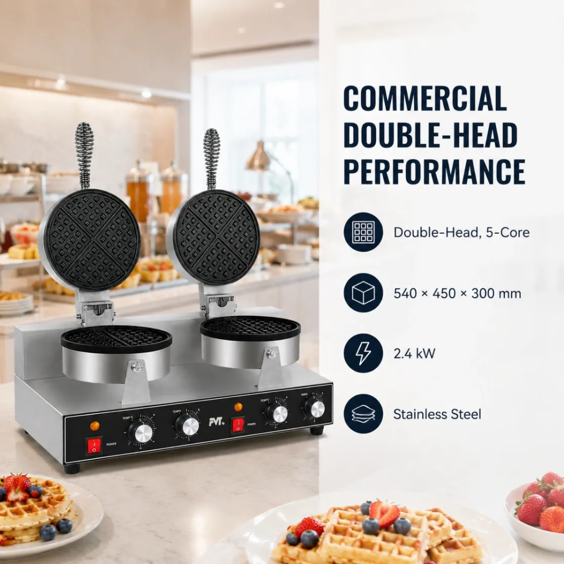Commercial Double‑Head Waffle Maker, 2.4kW Stainless Steel Dual Waffle Iron with Independent Temperature for Cafe, Bakery - Electric Griddle - foodmachtech