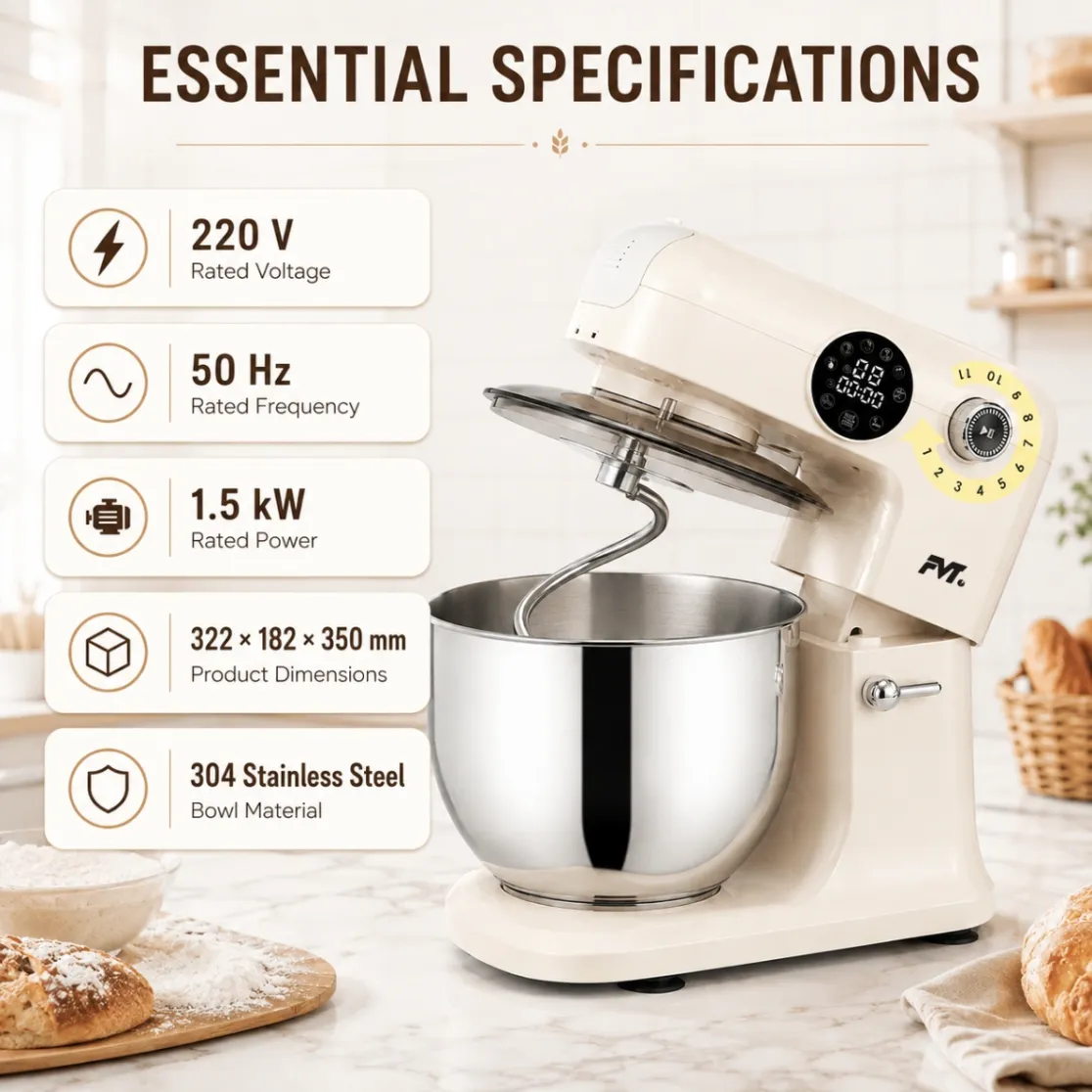 Stand Mixer Dough Kneader, 1.5kW Electric Chef Mixer with 304 Stainless Steel Bowl - Pulping Machine - foodmachtech