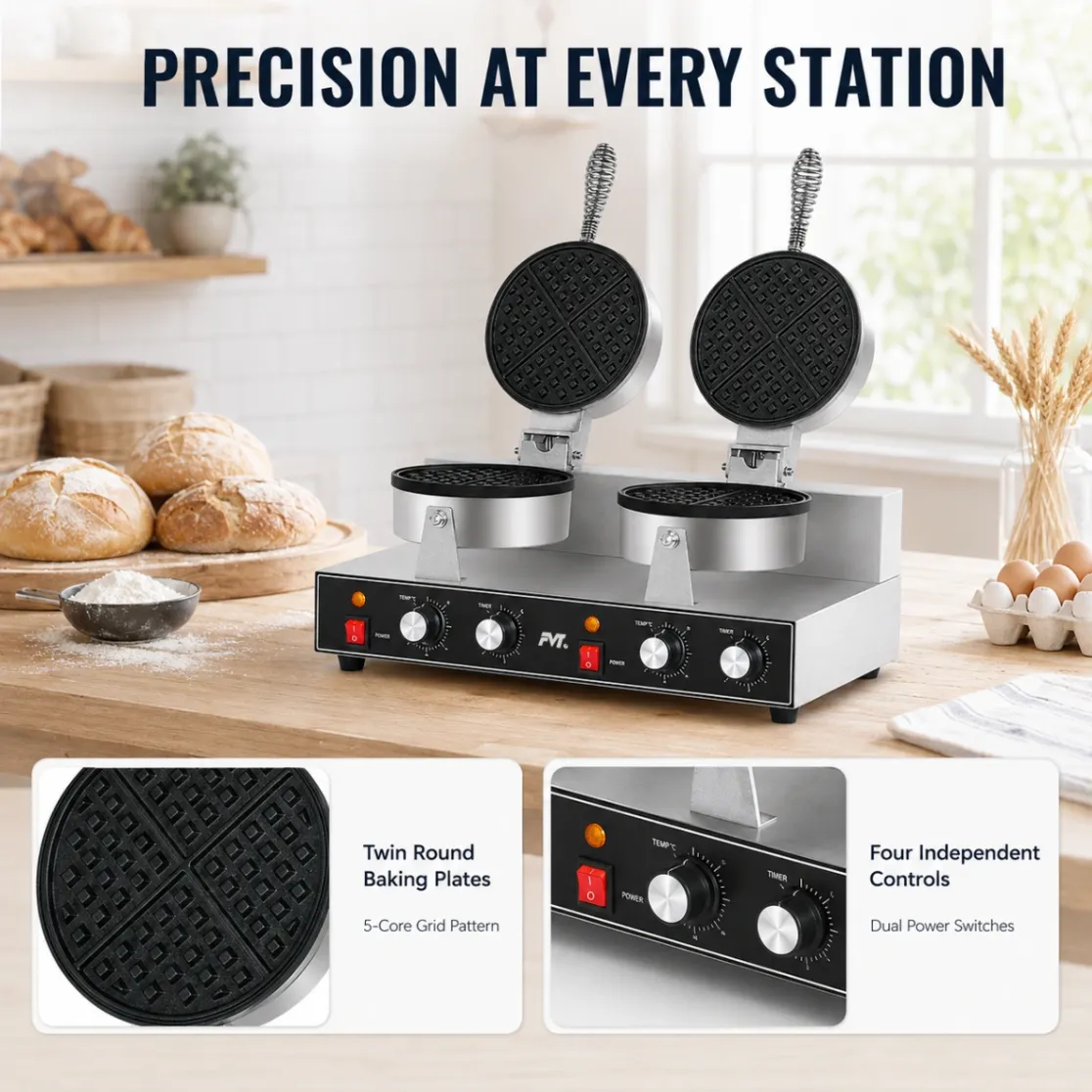Commercial Double‑Head Waffle Maker, 2.4kW Stainless Steel Dual Waffle Iron with Independent Temperature for Cafe, Bakery - Electric Griddle - foodmachtech