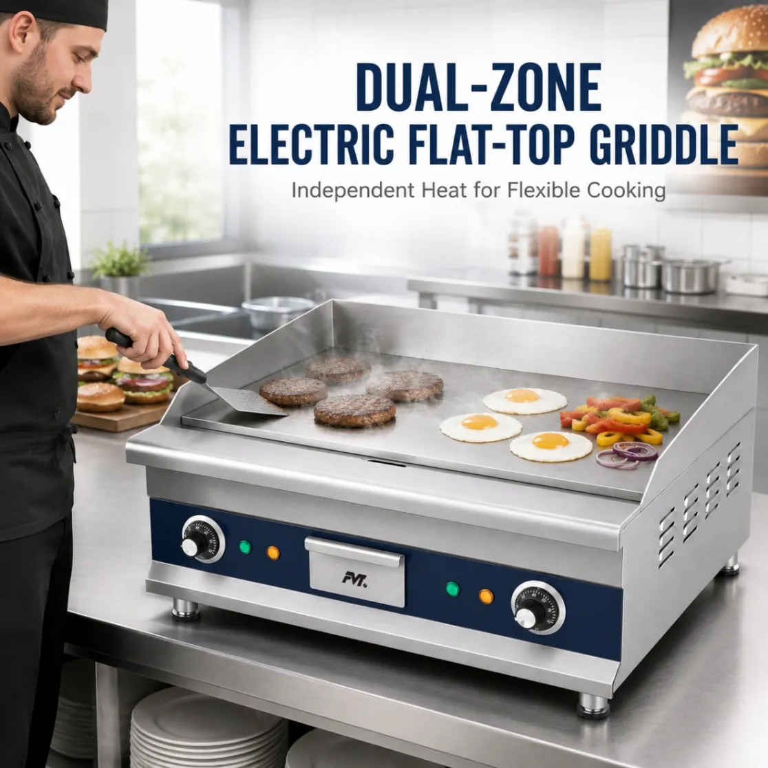 Plancha eléctrica de la encimera de la zona dual comercial, parrilla plana resistente del Flat‑Top para el restaurante y la tienda de la hamburguesa - Estufa comercial del wok - foodmachtech