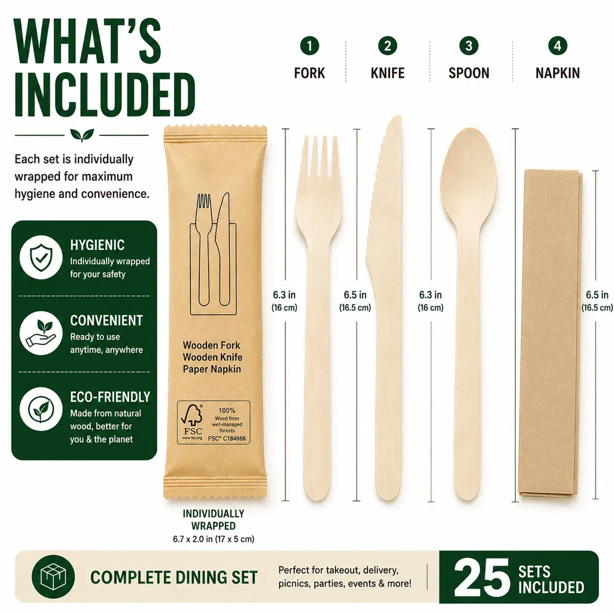 Einweg-Besteckset aus Holz, einzeln eingewickelt, Holz gabel messer löffel mit Papiers erviette (100 PCS) - Verbrauchs materialien - Food Mach Tech