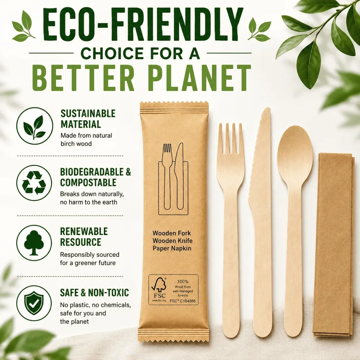 Einweg-Besteckset aus Holz, einzeln eingewickelt, Holz gabel messer löffel mit Papiers erviette (100 PCS) - Verbrauchs materialien - Food Mach Tech