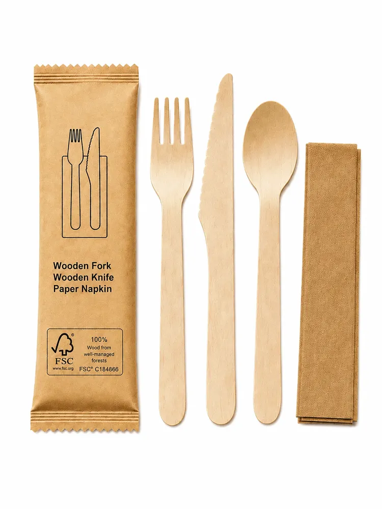 Einweg-Besteckset aus Holz, einzeln eingewickelt, Holz gabel messer löffel mit Papiers erviette (100 PCS) - Verbrauchs materialien - Food Mach Tech