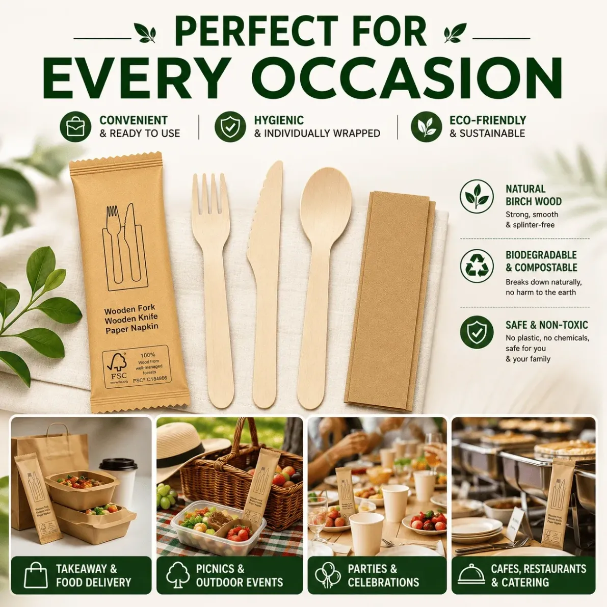 Einweg-Besteckset aus Holz, einzeln eingewickelt, Holz gabel messer löffel mit Papiers erviette (100 PCS) - Verbrauchs materialien - Food Mach Tech