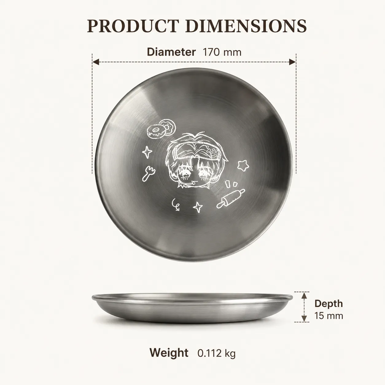 만화 라운드 스테인레스 스틸 디너 플레이트, 매일 식사, 과일 및 바베큐 굽기 용 트레이 제공 -  - Food Mach Tech