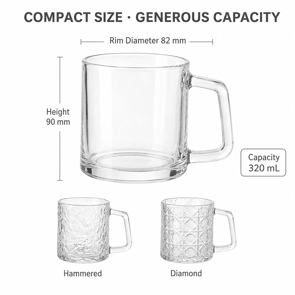 320ml Quadratischer Griff Kaffeetassen mit 3 Texturen (einfach/gehämmert/Diamant) -  - Food Mach Tech