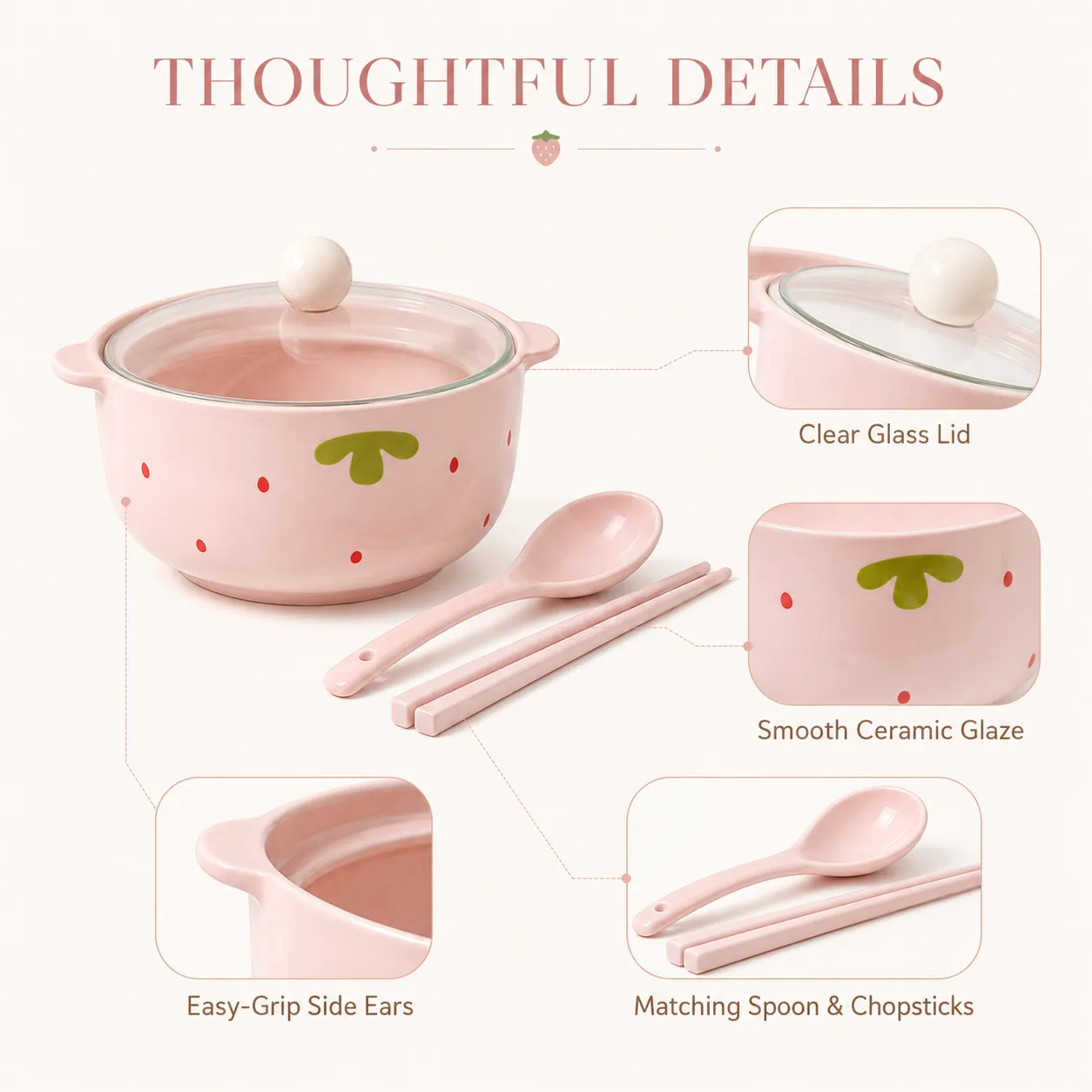 핑크 딸기 국수 그릇 세팅 국수 그릇, 뚜껑, 숟가락 및 젓가락 -  - Food Mach Tech