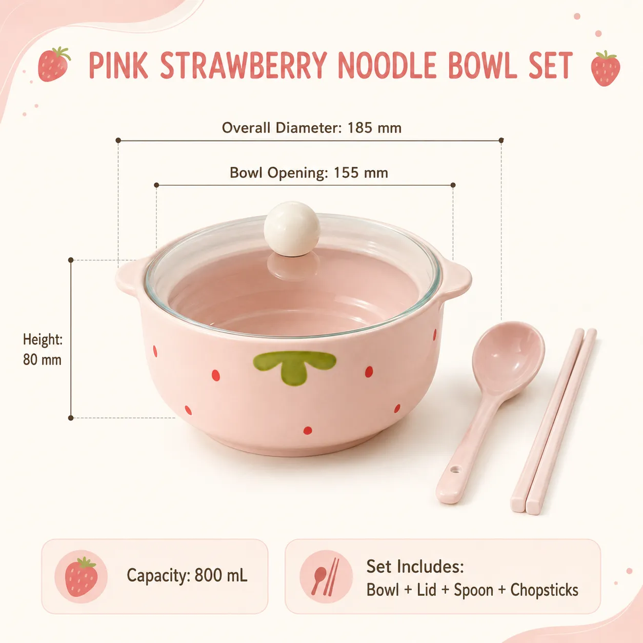 핑크 딸기 국수 그릇 세팅 국수 그릇, 뚜껑, 숟가락 및 젓가락 -  - Food Mach Tech