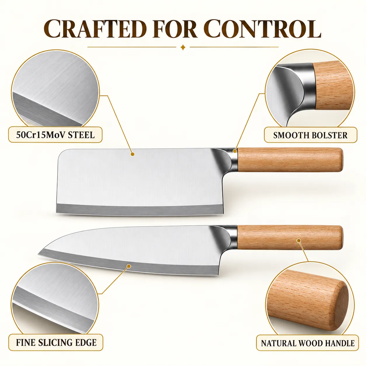 Küchenmesser-Set aus Edelstahl, 2 Stück, chinesischer Cleaver & Mehrzweck-Küchenmesser mit natürlichem Massivholz griff -  - Food Mach Tech