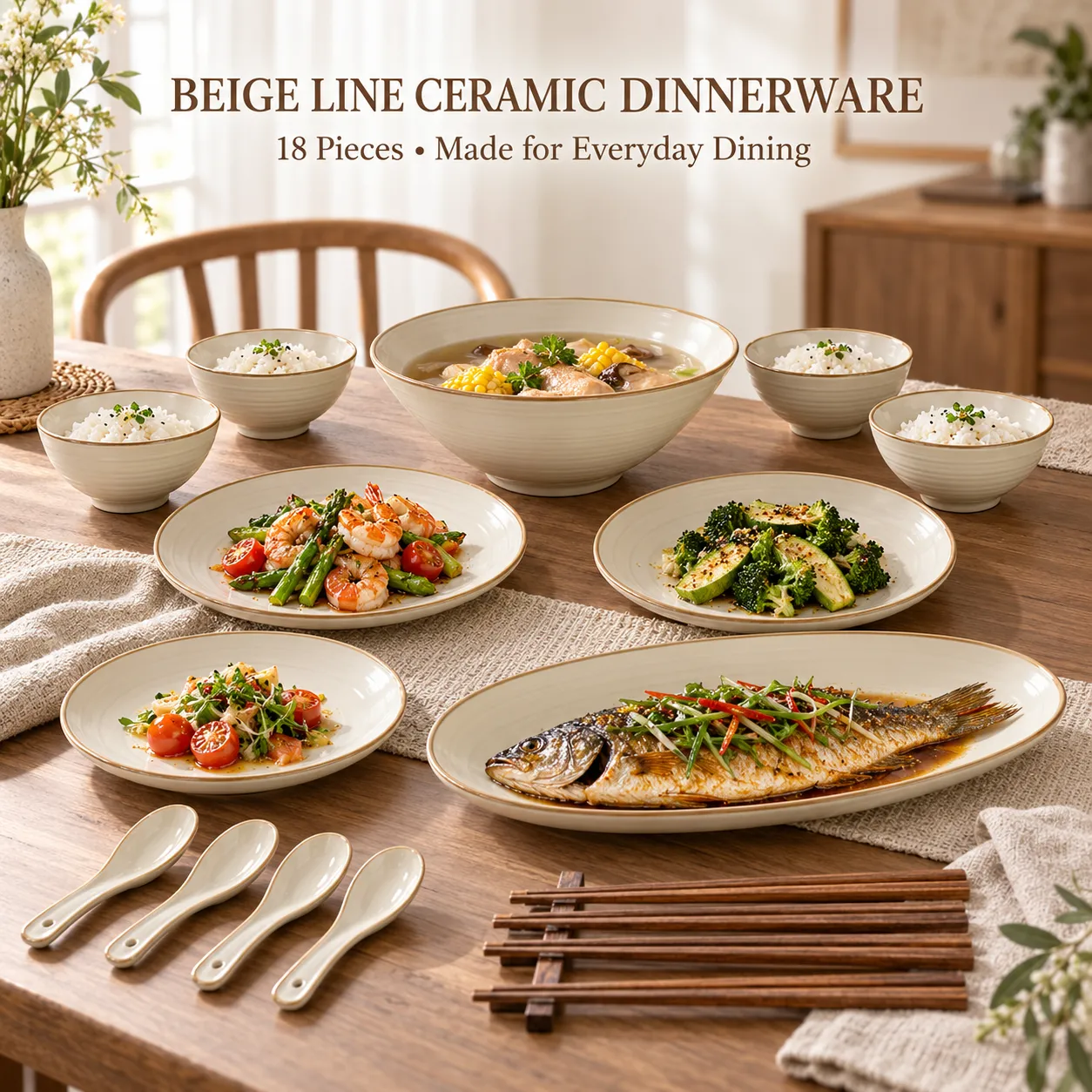 18-teiliges beige Keramik-Dinner-Set -  - Food Mach Tech