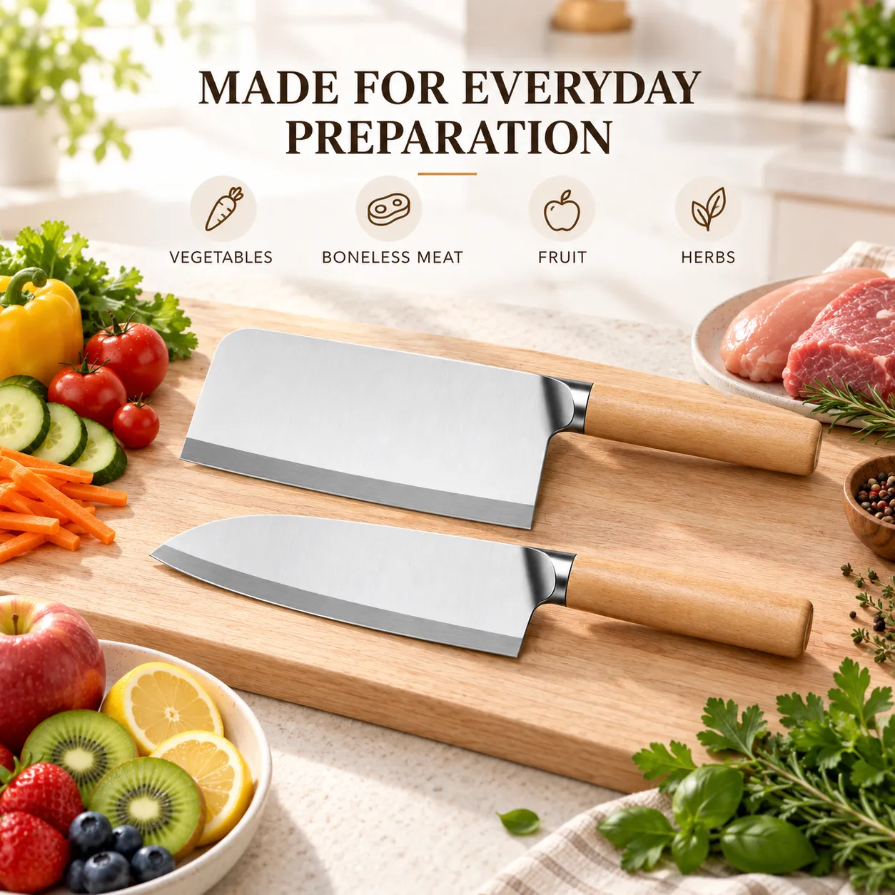Küchenmesser-Set aus Edelstahl, 2 Stück, chinesischer Cleaver & Mehrzweck-Küchenmesser mit natürlichem Massivholz griff -  - Food Mach Tech