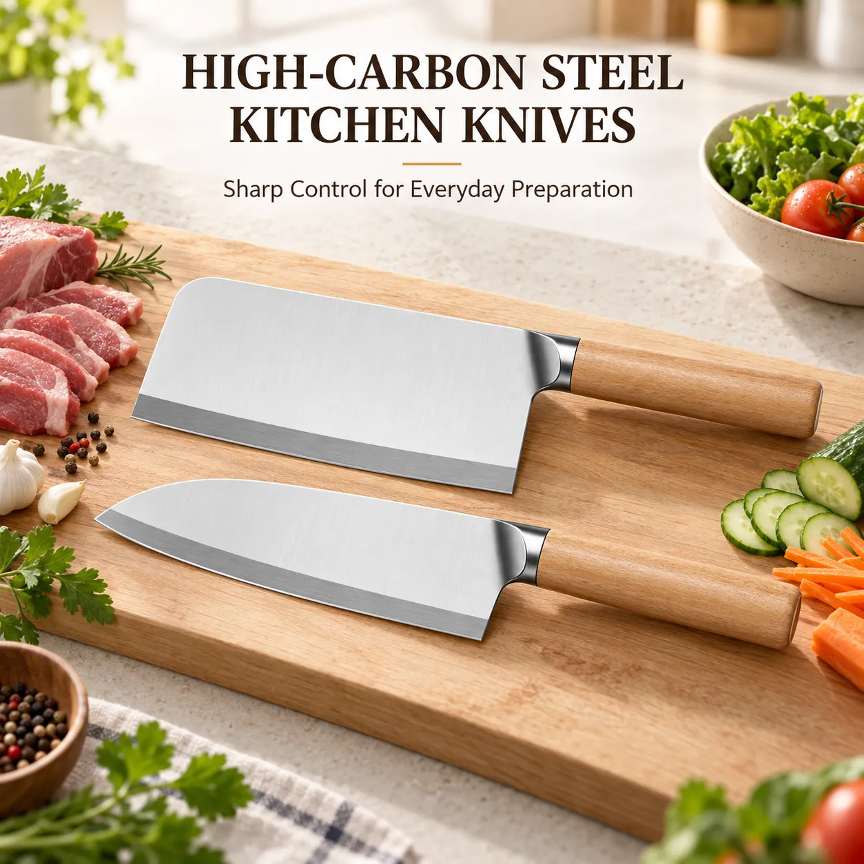 Küchenmesser-Set aus Edelstahl, 2 Stück, chinesischer Cleaver & Mehrzweck-Küchenmesser mit natürlichem Massivholz griff -  - Food Mach Tech