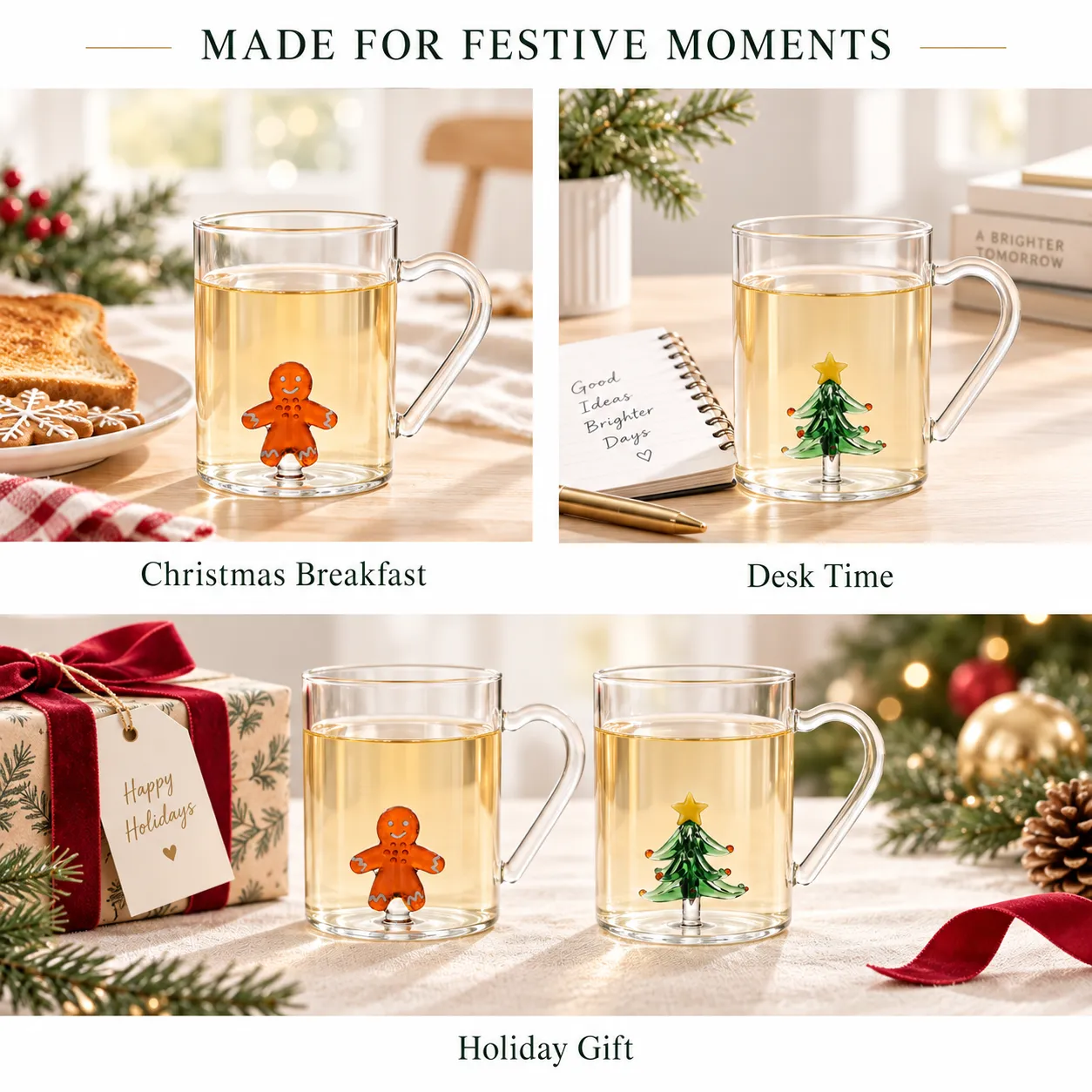 Klare Kaffeetasse mit Herz griff Niedlicher Lebkuchen mann & Weihnachts baum -  - Food Mach Tech