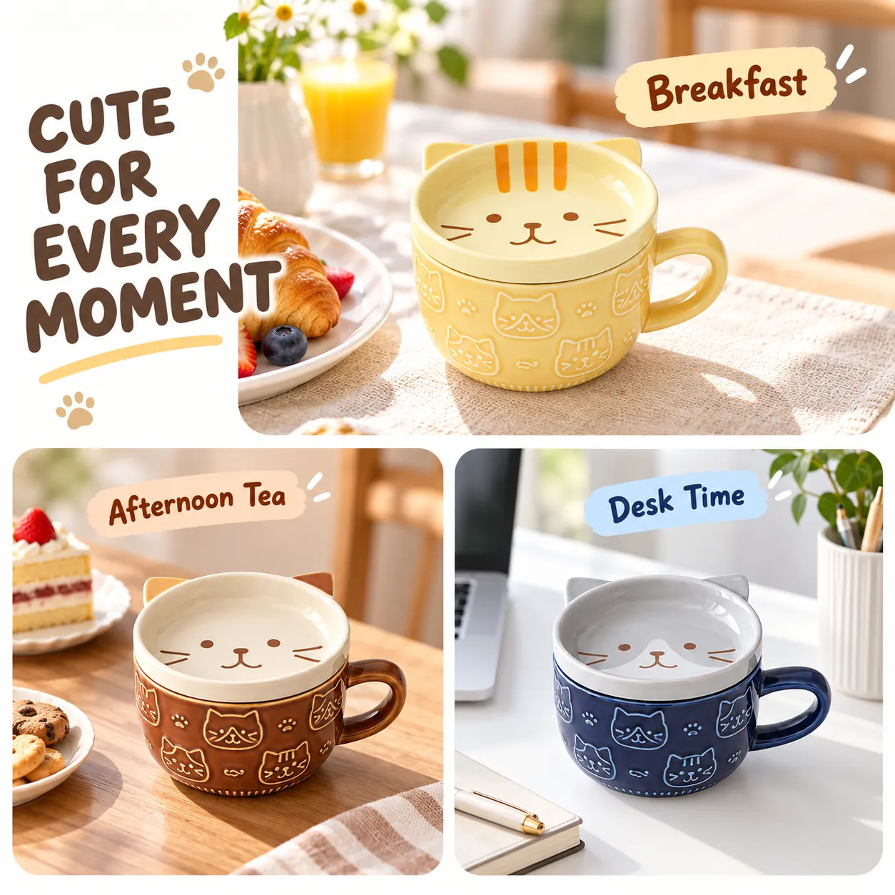 고양이 귀 뚜껑과 귀여운 고양이 찻잔 -  - Food Mach Tech