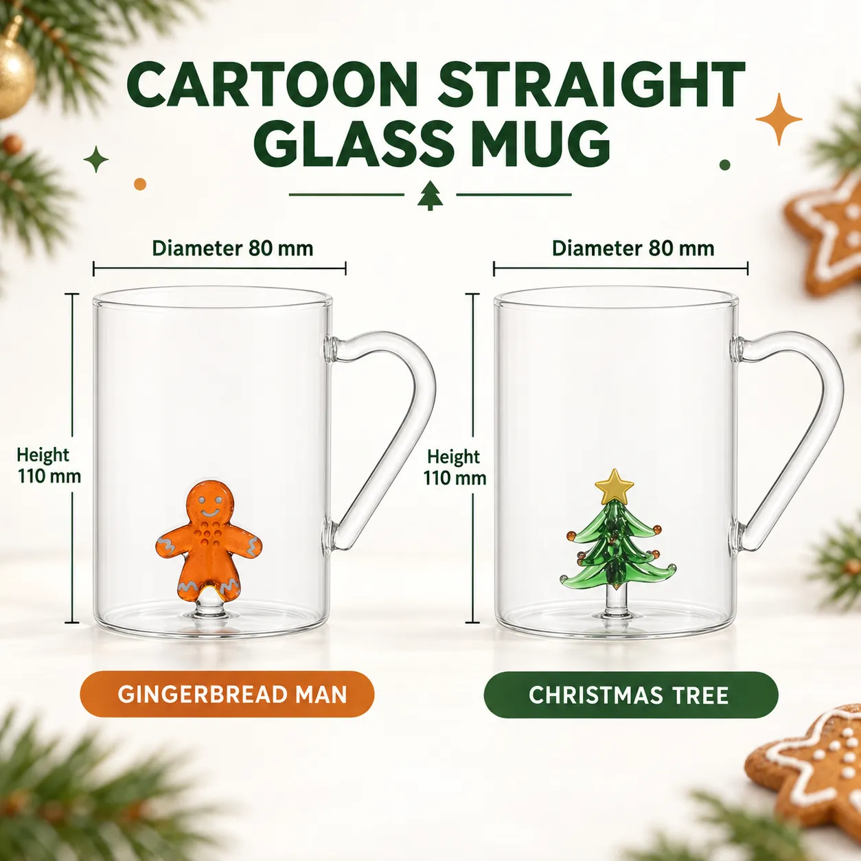 Klare Kaffeetasse mit Herz griff Niedlicher Lebkuchen mann & Weihnachts baum -  - Food Mach Tech
