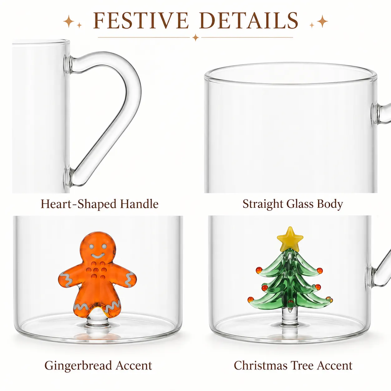 Klare Kaffeetasse mit Herz griff Niedlicher Lebkuchen mann & Weihnachts baum -  - Food Mach Tech